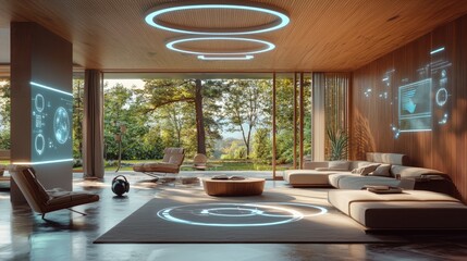 Fototapeta premium Modern living room with futuristic elements and a view of a forest