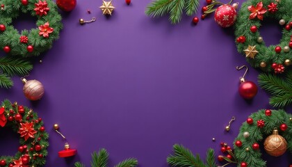 New Year holiday wreaths and other stuff on Solid deep purple color background, Frame for Greeting Posters, Cards, Banners and Invitations with Copy Space
