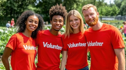 Four enthusiastic volunteers in red вЂњVolunteerвЂќ shirts smile as they collaborate in a sunlit community gardening event, promoting teamwork and environmental care