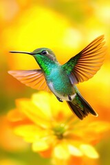 Fototapeta premium Colorful Hummingbird in Flight Near an Orange Flower Amid Costa Rica’s Vibrant Wildlife