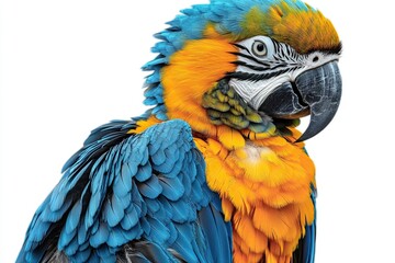 Fototapeta premium Vibrant Blue and Yellow Parrot Standing Beautifully Isolated on a White Background