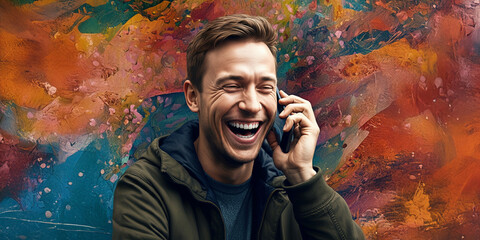 Man Laughing on His Cell Phone, Emotion Face Reaction, Happy Smile, Joy Backdrop