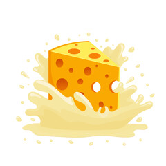 cheese with holes in the creamy splash isolated on transparent background