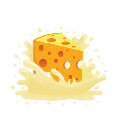 cheese with holes in the creamy splash isolated on white background flat design