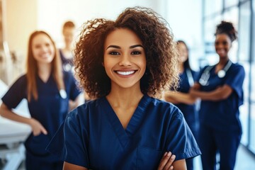 Fototapeta premium The image shows a young nurse intern standing with her team in a hospital, dressed in scrubs.