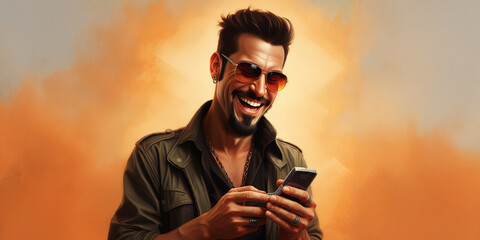 Man Laughing on His Cell Phone, Emotion Face Reaction, Happy Smile, Joy Backdrop