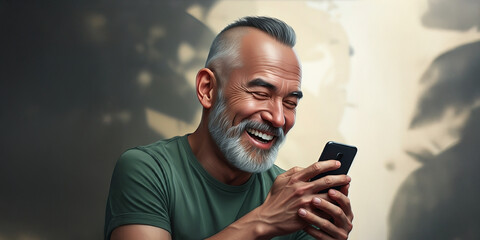Old Man Laughing on His Cell Phone, Emotion Face Reaction, Happy Smile, Joy Backdrop