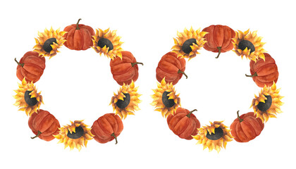 Watercolor pumpkin sunflower wreaths Circular frame for Thanksgiving decoration Autumn 2024 design Harvest festival border Halloween Poster postcard greeting card invitation Gourd Squash vegetable