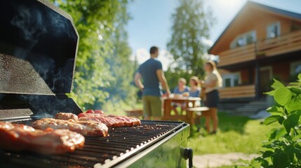 At a summer garden party, a group of friends grill sausages on a barbecue grill. People grilling sausages. Concept of food, people, and family time.