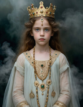 a young girl like Klimt, with a pale face, in a misty  as a king of tasker 