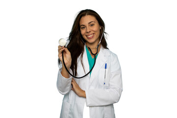 Confident young doctor in a white coat holding a stethoscope