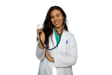 Confident young doctor in a white coat holding a stethoscope