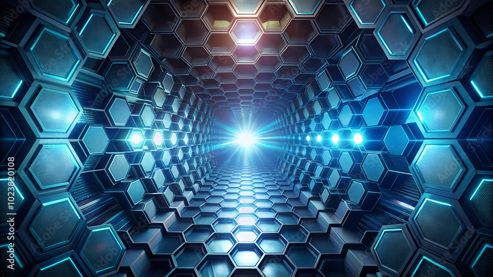 Wall mural hexagonal background with depth effect and bright light accents, creating a high-tech tunnel illusio