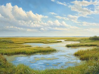 Coastal wetlands with tidal pools and salt marshes, teeming with birdlife and framed by a distant horizon