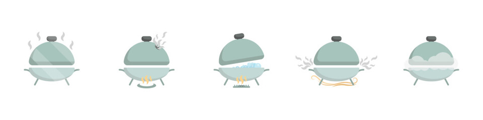 Cauldron vector icon set. Fire cauldron on fire vector. Cooking food camping. Chinese cooking pot vector. Catering icon. Pan vector icon.