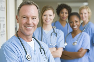 Fototapeta premium Standing in a hospital with his staff, a smiling African doctor