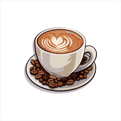 cup of coffee with beans,coffee, cup, drink, cafe, espresso, cappuccino, breakfast, beverage, white, hot, caffeine, brown, latte, isolated, saucer, food, morning, black, mug, milk, aroma, closeup, cup