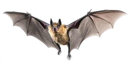 Fototapeta premium A bat captured in motion, its wings extended, isolated on a clean white background for a simple yet striking effect.