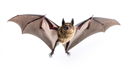 Obraz premium A bat captured in motion, its wings extended, isolated on a clean white background for a simple yet striking effect.