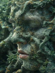 Face of Nature, Young Man Made of Plants and Tree Bark. Fantasy, Mythology, Forest God Spirit, Magical Being, Book Cover. Sustainability, Ecology, Planet Earth. Climate Change, Pollution, Biodiversity