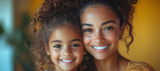 Obraz premium Happiness of mother and daughter in natural environment, with blurred background and space to add text.