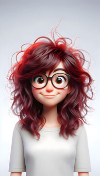 A 3d nerdy girl cartoon character, with glasses and messy red hair. She is happy with a smile on her face, isolated on a vertical white background
