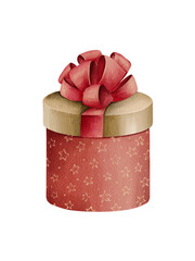 Watercolor round shaped gift box with red ribbon bow. Textured watercolor drawing on a white background. Christmas realistic illustration Perfect for cards, Christmas decor. Hand drawn. 