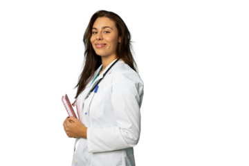 Portrait of a young female doctor in a lab coat with a stethoscope