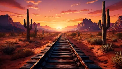 Rugged western sunset over an abandoned railroad through cacti in dry plains. Generative AI - obrazy, fototapety, plakaty