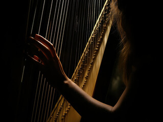 Delicate fingers dance across harp strings in a soft, dimly lit room during an evening performance