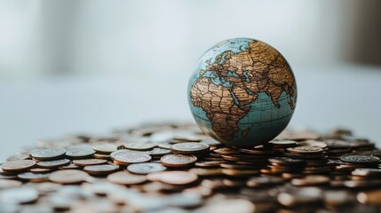 A globe resting on a pile of coins on a white background, emphasizing environmental protection and economic growth.