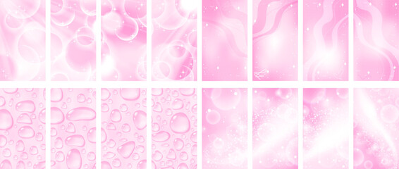 Subtle pink stories template set. Sparkling anime y2k background. Stock vector illustration in cartoon realistic style.