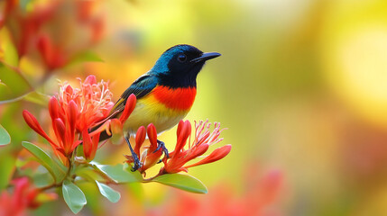 Colorful Bird Perched on Red Flower Branch in Nature