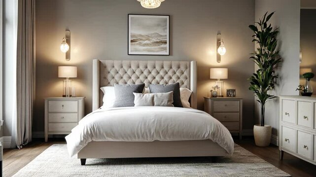 A tufted headboard bed is the centerpiece of this bedroom, with a fluffy white comforter, bedside tables, and a tall houseplant