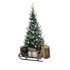  Hand drawn Watercolor illustration of an isolated Christmas tree on a white background. Freehand christmases winter paintings. Design card