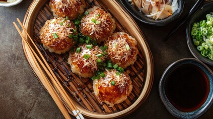 Delicious Japanese Cuisine in a Wooden Platter
