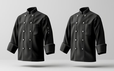 The mockup of a black chef jacket with buttons shows different views of the jacket