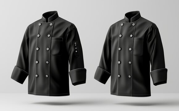 The mockup of a black chef jacket with buttons shows different views of the jacket