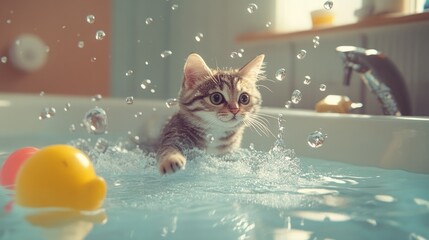 Playful Kitten Splashing in Water