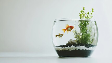 A small aquarium with decorative plants and a few fish swimming inside, placed on a clean white background.