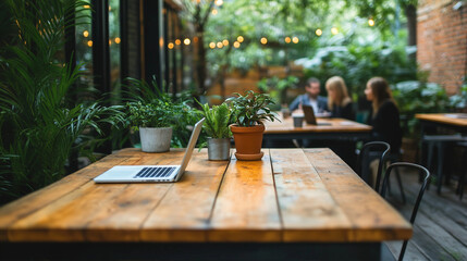 Remote work digital nomad scene at stylish, lush brick wall coffee shop with wooden tables