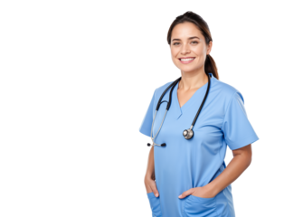 Smiling Young Female Nurse in Blue Scrubs with a Stethoscope. Portrait. Isolated on Transparent Background. PNG.