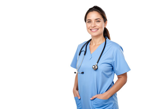 Smiling Young Female Nurse in Blue Scrubs with a Stethoscope. Portrait. Isolated on Transparent Background. PNG.