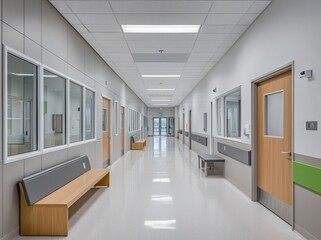Hallway of a nursing home or infirmary in white color.