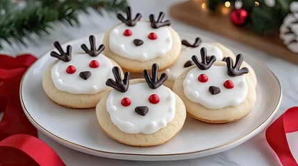 A plate features playful shortbread cookies designed like reindeer faces, complete with red noses, chocolate eyes, and antlers, accented with festive ribbons