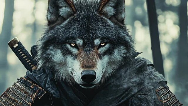 A wolf wearing samurai armor stares intensely with a sword at its side, ready for battle in a dark forest