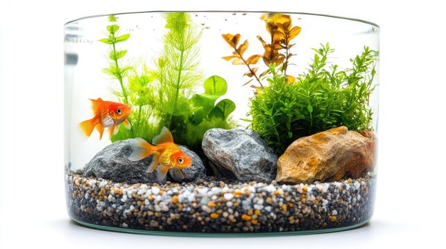 A tiny fish tank with one or two fish, a few plants, and decorative gravel, set on a white background.