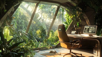 Fototapeta premium Futuristic Office Space with a View of a Lush Jungle