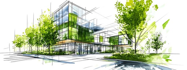 A sketch of an office building with green sustainable features on the facade, located in downtown