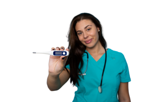 Confident young nurse in scrubs displaying a thermometer